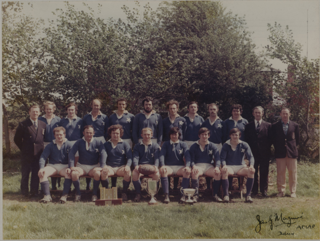St Mary’s College RFC 1971-72 team, captain JB Sweeney front row centre with the ball