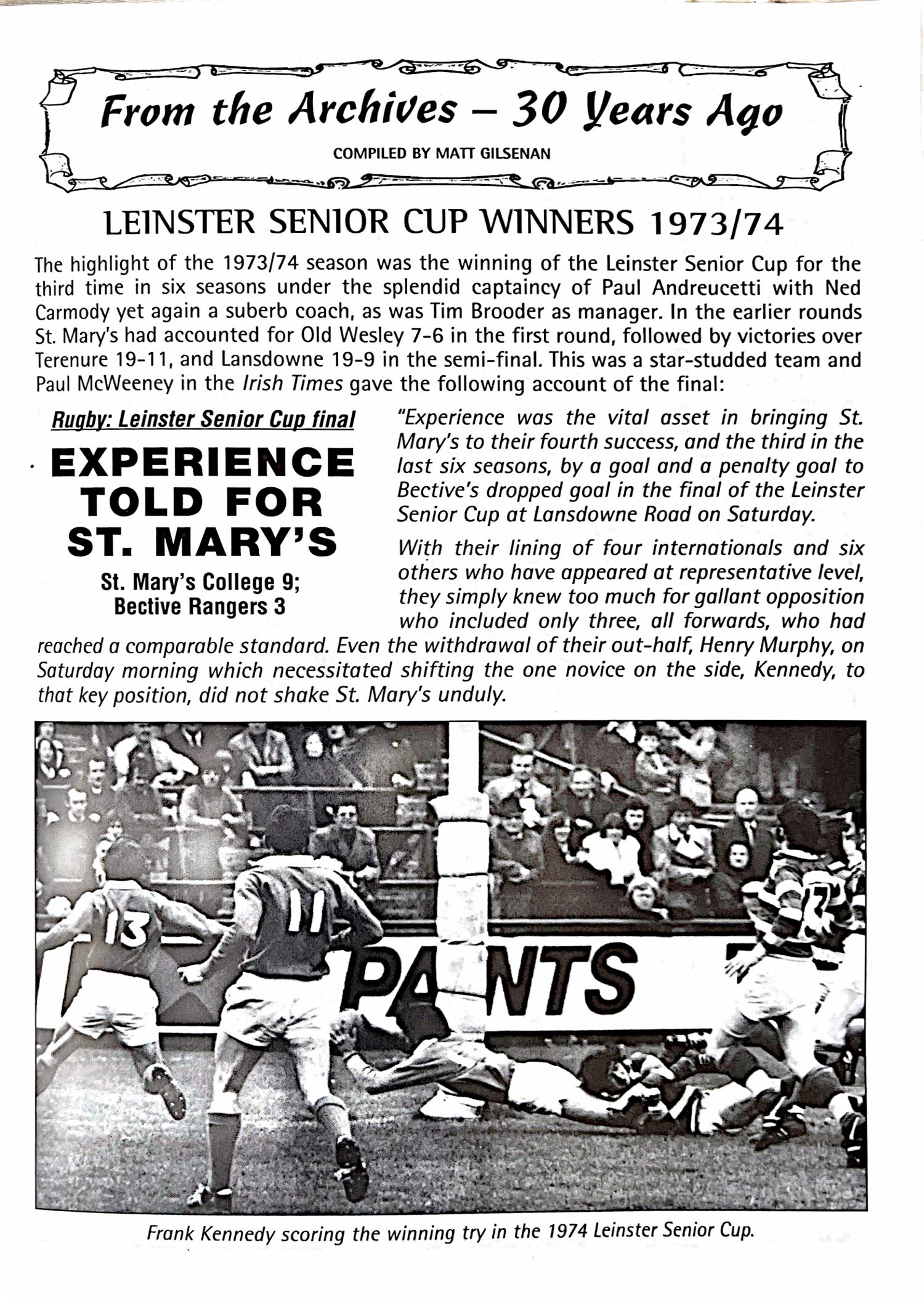 1974 Leinster Senior Cup final, archive page 1