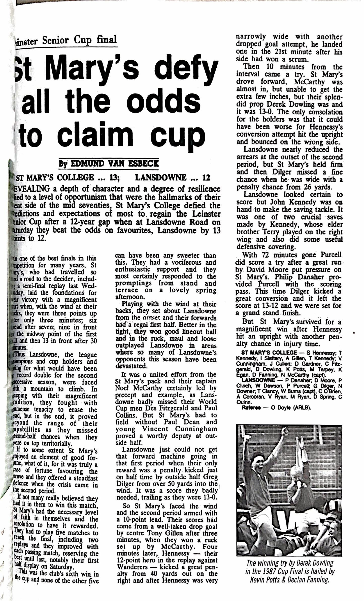 1987 Leinster Senior Cup final, archive page 2